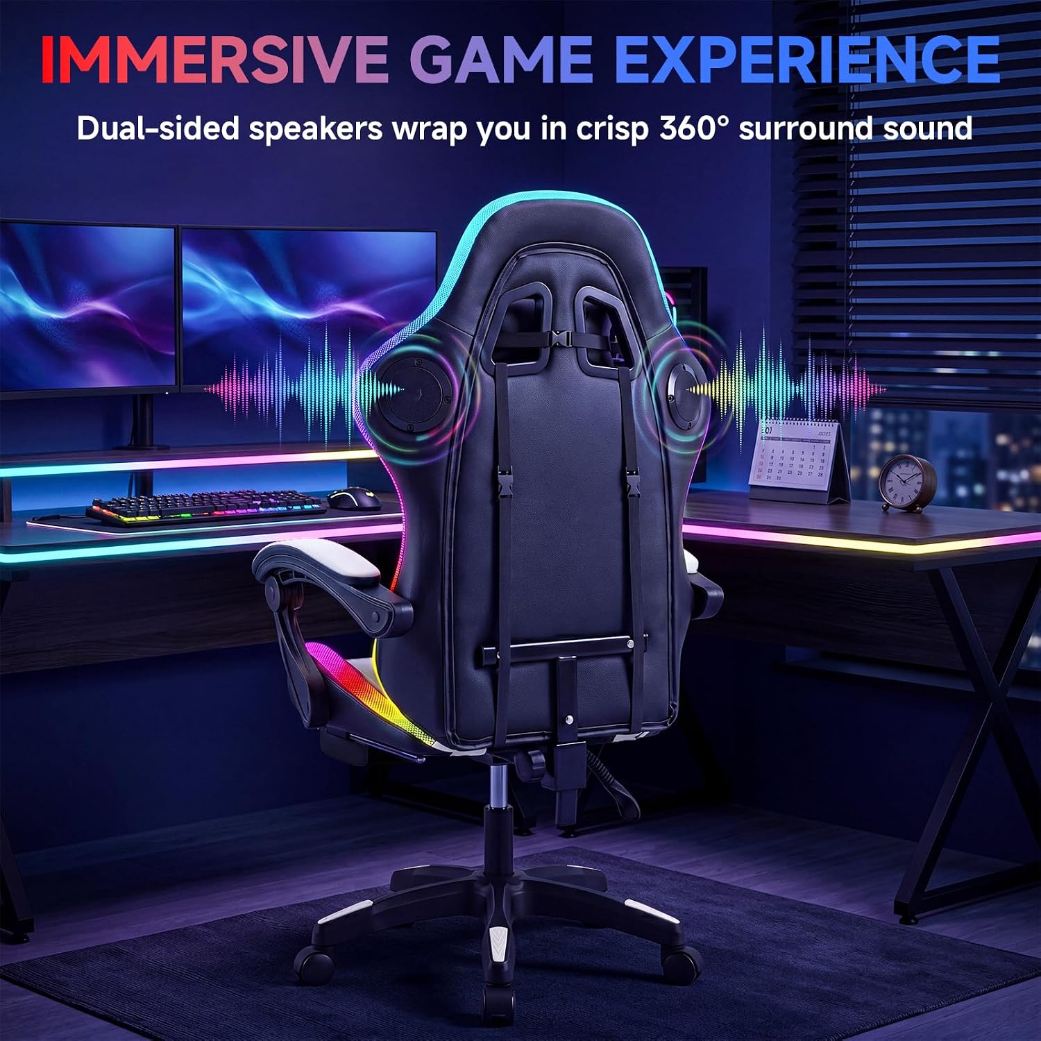 RGB LED Gaming Chair with Speakers & Footrest - Ergonomic High Back Racing Style Video Game Chair, Reclining Computer Desk Chair with Massage Lumbar Support & Headrest, 350lbs Heavy Duty