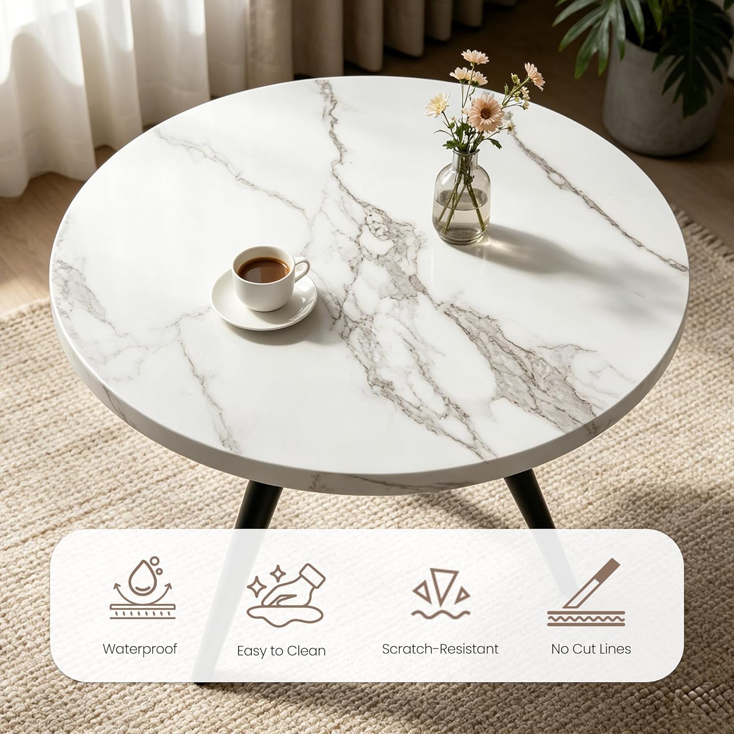 34.6" Round Dining Table Set for 4, Modern Kitchen Coffee Table Set with 4 Upholstered Leather Chairs, MDF Small Space Saving Dining Room Table and Chairs Set (White Table+4 Beige Chairs)
