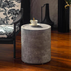 Round End Table with Mars Pattern for Living Room, Modern Drum Circle Side Table for Small Space, Nightstand Sofa Table for Bedroom, No Need Assembly, Stone Grey