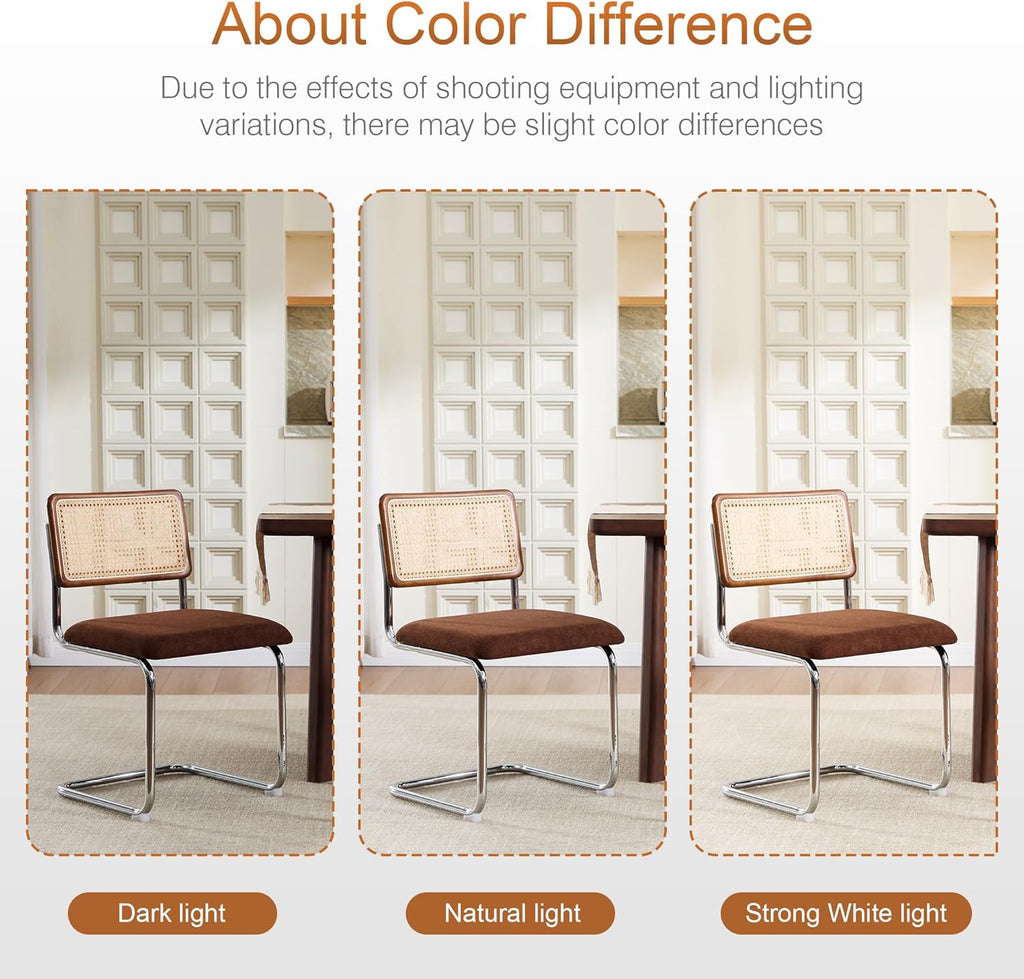 Zesthouse Rattan Dining Chairs Set of 4, Mid Century Modern Dining Room Chairs with Natural Cane Mesh & Chrome Base, Brown Cesca Chair Chenille Fabric, Farmhouse Kitchen Chair with Solid Wood Back