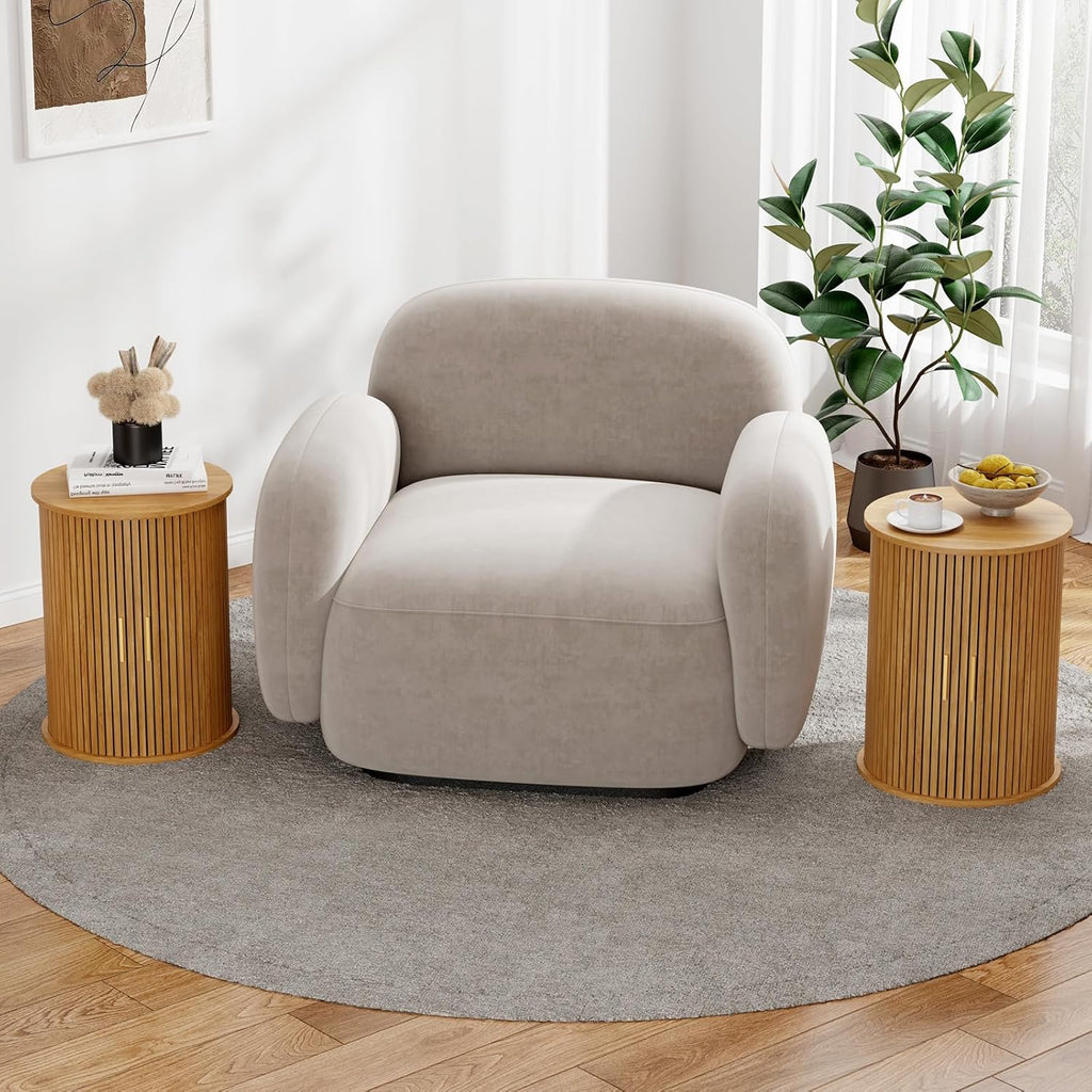 Round Fluted End Table Tall Side Table with Sliding Tambour Door & Storage Shelf, Bedside Table for Living Room Mid-Century Modern Nightstand for Bedroom (1, Natural)