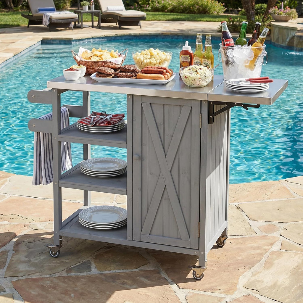 40 Sturdy Fir Wood Garden Table for Planting, Planter Bench with Foldable Top, Outdoor Storage Cabinets with Lockable Wheels for Patio Cooking, Grey