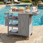 40 Sturdy Fir Wood Garden Table for Planting, Planter Bench with Foldable Top, Outdoor Storage Cabinets with Lockable Wheels for Patio Cooking, Grey