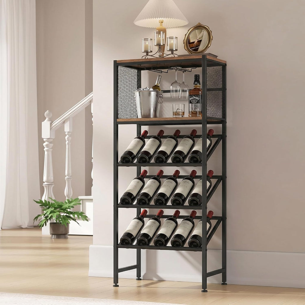 3-Tier Wine Rack Freestanding Floor with Glass & Storage Racks | Space-saving corner wine bar cabinet, sturdy build for kitchen, living room & home bar, stores wine bottles & bar accessories
