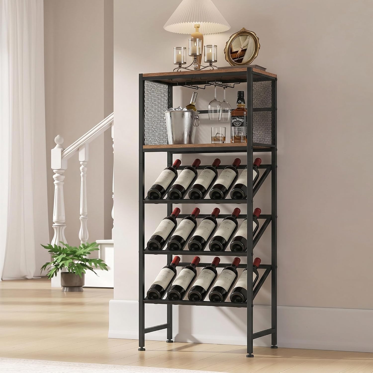 3-Tier Wine Rack Freestanding Floor with Glass & Storage Racks | Space-saving corner wine bar cabinet, sturdy build for kitchen, living room & home bar, stores wine bottles & bar accessories