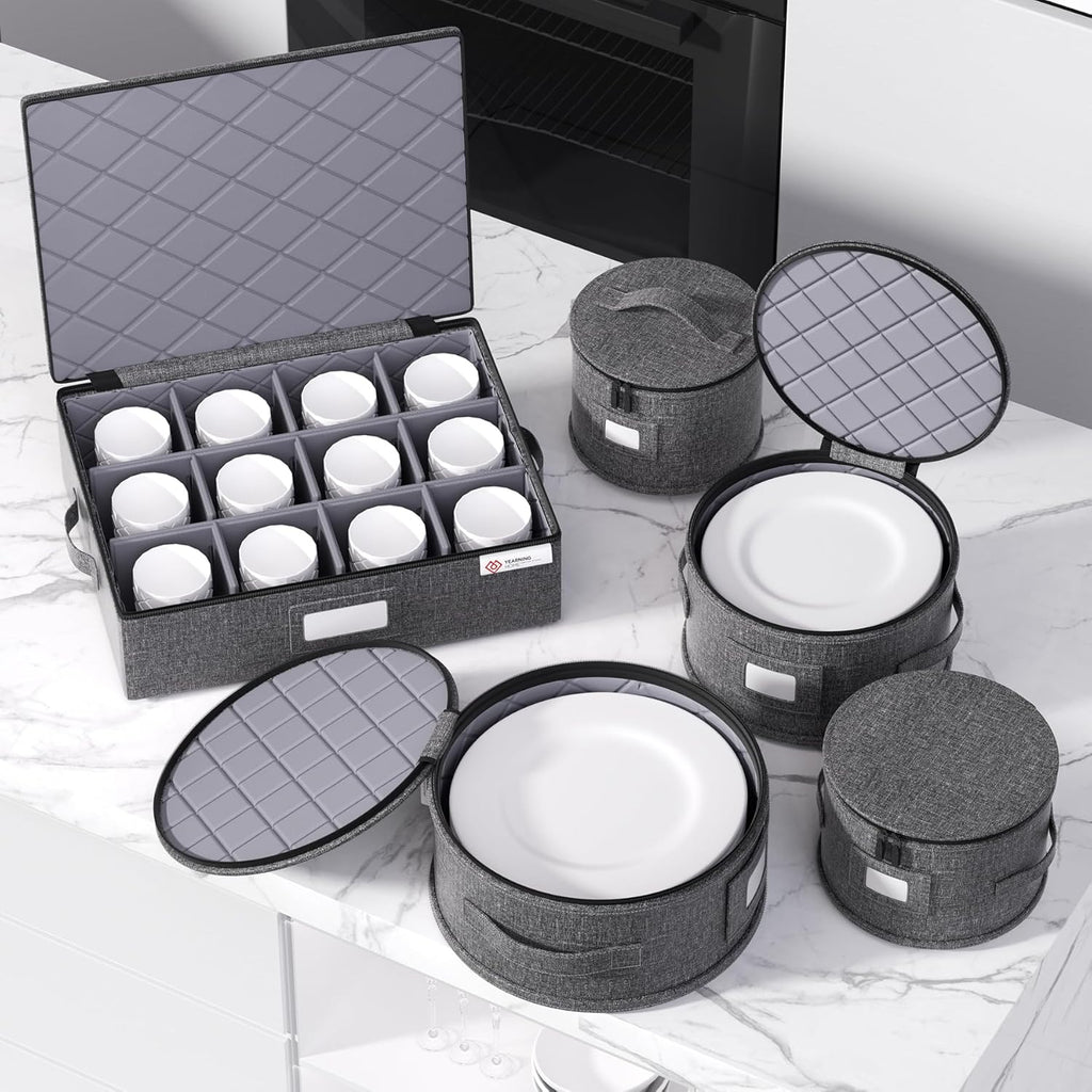 China Storage Containers Hard Shell Box for Moving Dishes, Plate, Wine and Glasses, Dinnerware, Mugs, Saucers Quilted Organizer Dividers for Packing Fine China Storage Containers 5Piece Grey