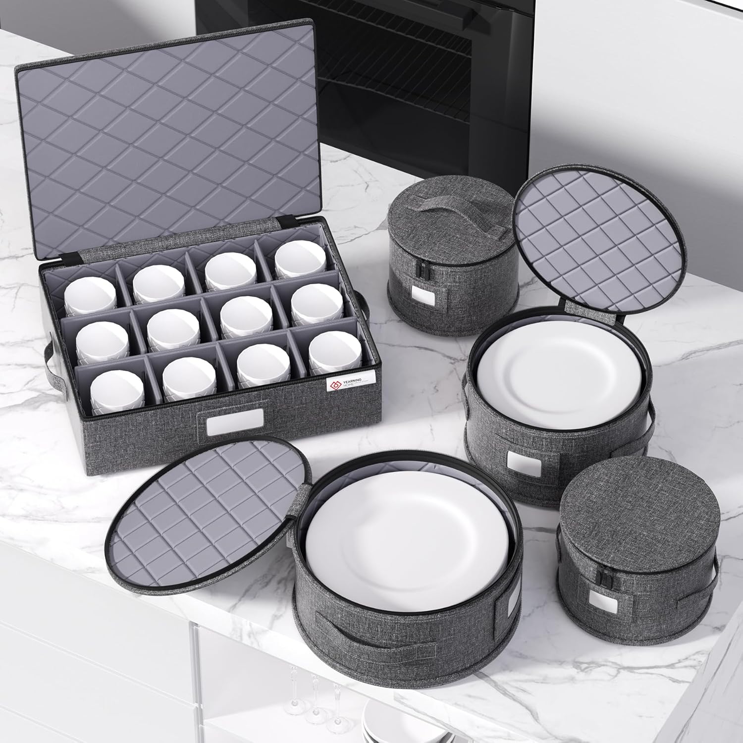 China Storage Containers Hard Shell Box for Moving Dishes, Plate, Wine and Glasses, Dinnerware, Mugs, Saucers Quilted Organizer Dividers for Packing Fine China Storage Containers 5Piece Grey