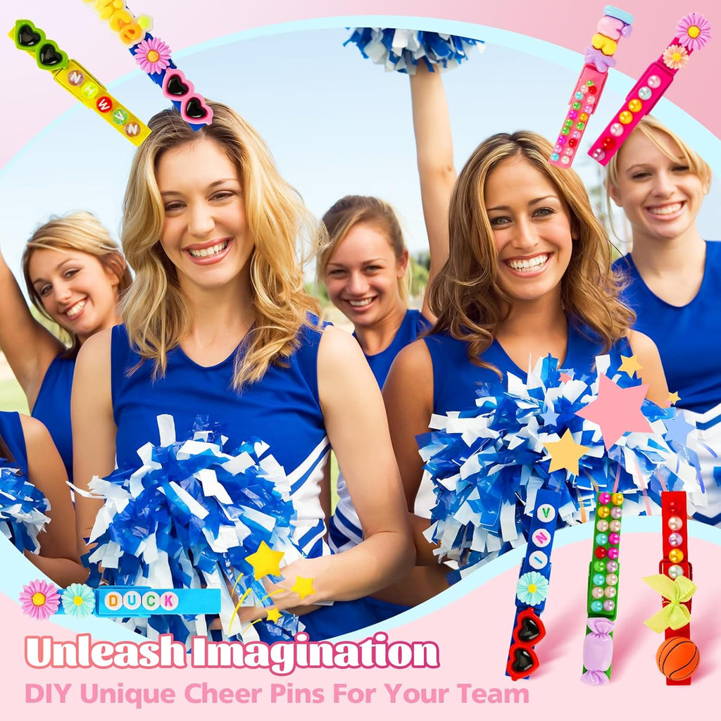 50 Set Personalized Cheer Pins Spirit Clip Kit, Wooden Color Clothespins with 200 Beads, 58 Resin Charms & Gem Stickers, DIY Team Spirit Pins Making Kit for Sports Party, Classroom & Cheer Events