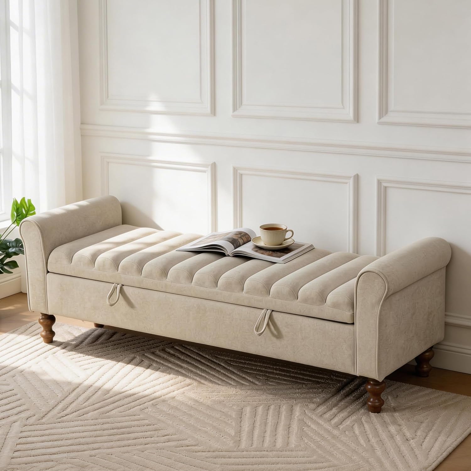 Aoiy & Wifon 65.55" W Large Storage Ottoman Bench, King Size End of Bed Storage Bench with Wood Legs, Upholstered Window Bench for Bedroom, Living Room, Entryway, Griege