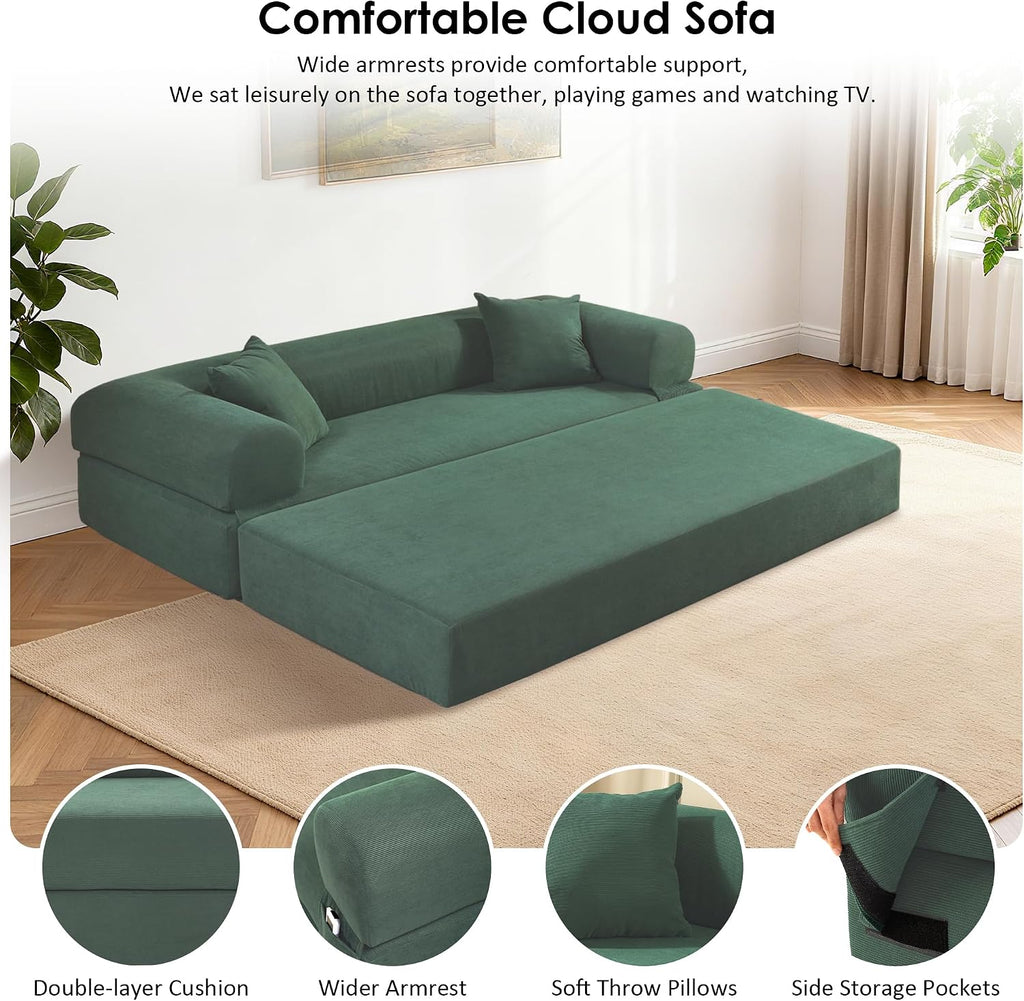 80" Cloud Sleeper Sofa Bed Pull Out Couch, Corduroy Boneless Sofa with Side Storage Pocket, Convertible Compression Sofa with Pillows for Living Room Bedroom, Light Green