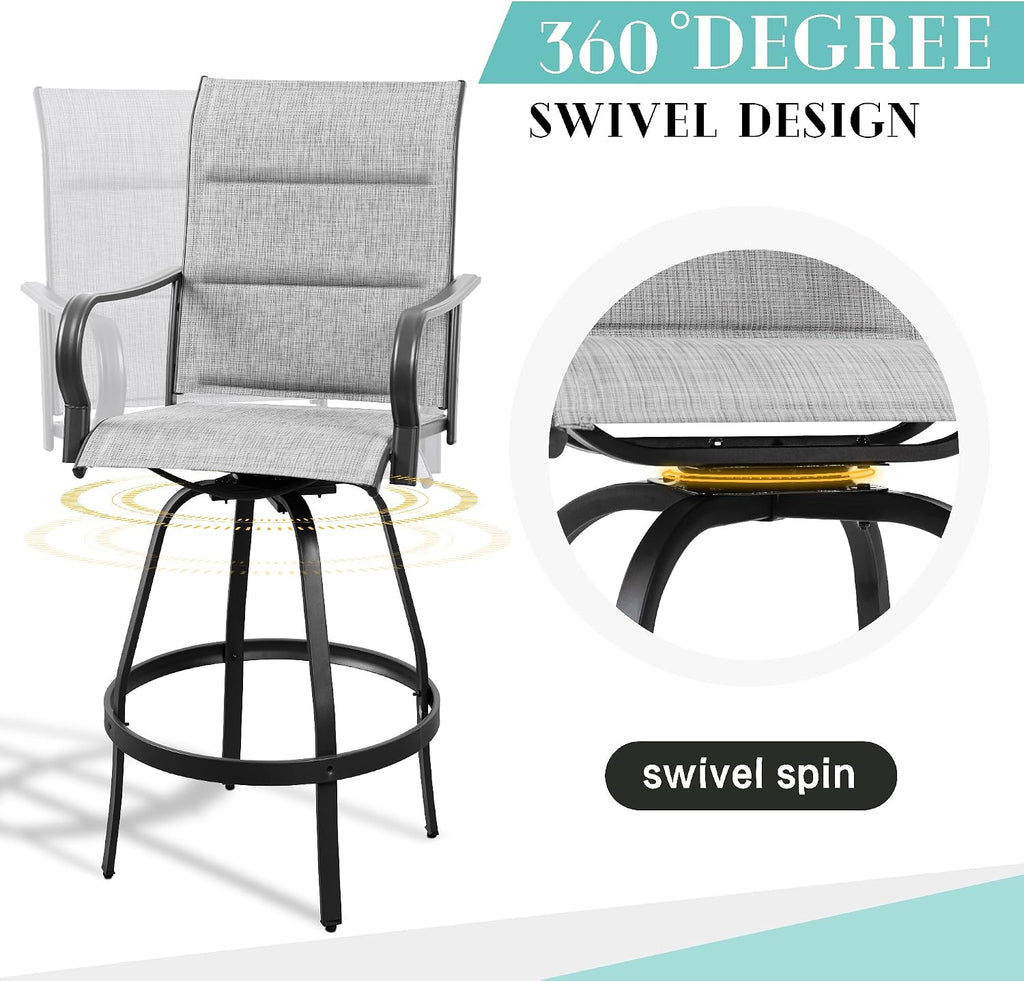 Vongrasig 4 Piece Outdoor Patio Swivel Bar Chairs, All Weather Padded Sling Textile High Top Bar Stools, Bistro Set for Backyard, Lawn Garden, Balcony, Padded Light Gery