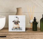 KU-DaYi Funny Dog Pug Bathroom Wooden Box Sign, Wash Your Hands Sign Bathroom Decor, Pug Desk Accessories for Dog Lovers Wooden Block Plaque Desk Shelf Decor 5x5 Inch