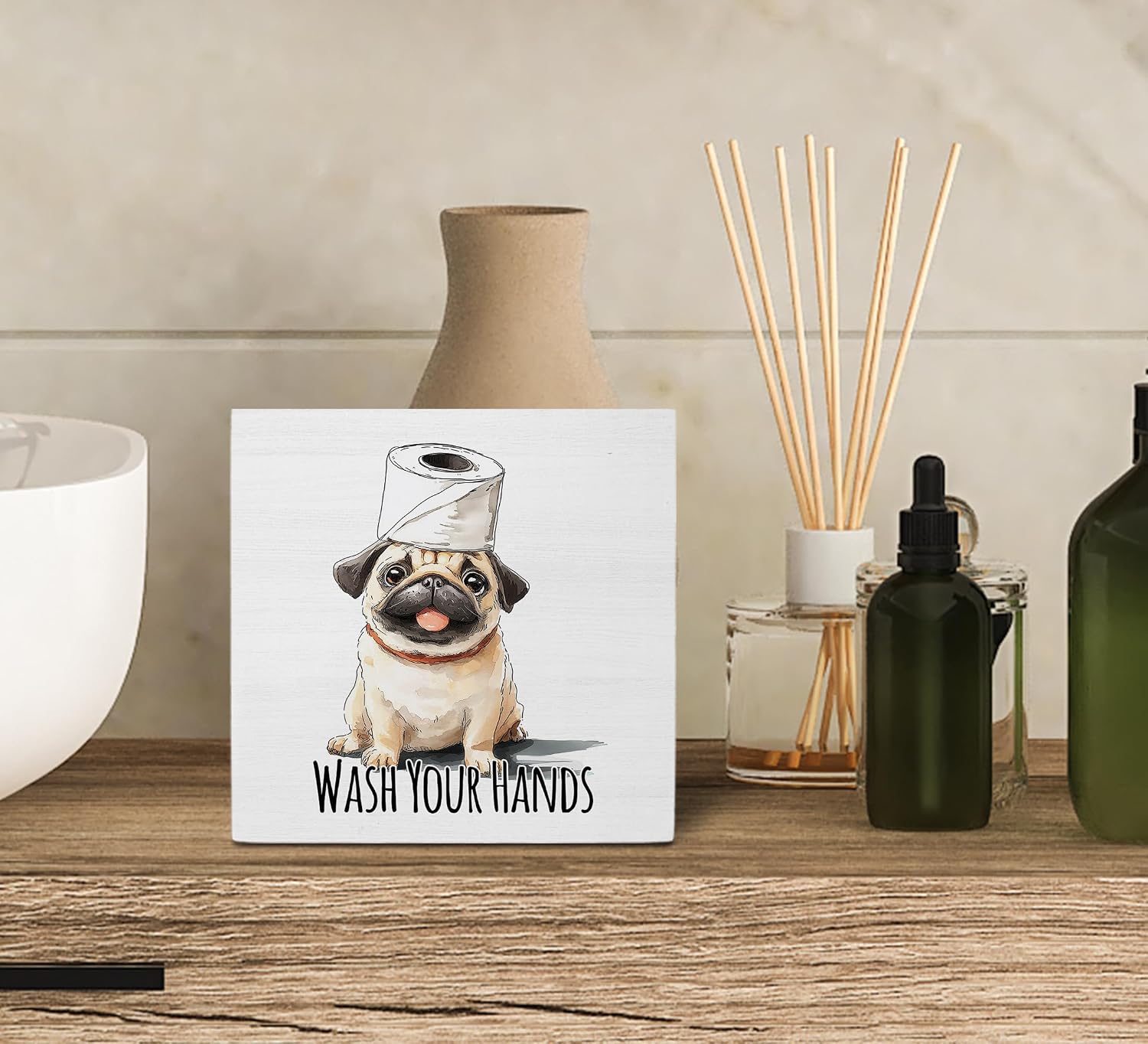 KU-DaYi Funny Dog Pug Bathroom Wooden Box Sign, Wash Your Hands Sign Bathroom Decor, Pug Desk Accessories for Dog Lovers Wooden Block Plaque Desk Shelf Decor 5x5 Inch