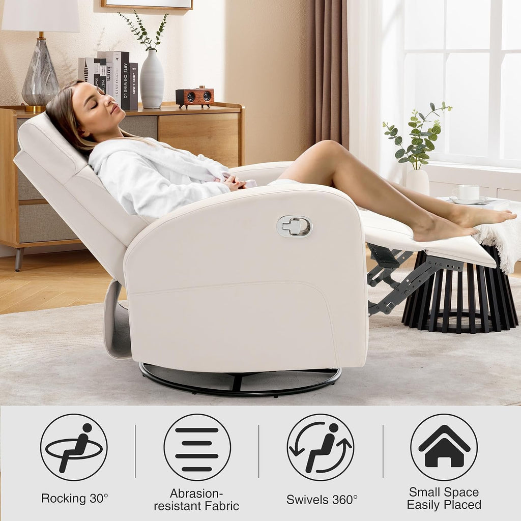 Swivel Rocker Recliner, Manual Glider Rocking Nursery Recliner Chair, Swivel Glider Reclining Chairs for Small Spaces, Living Room, Beige