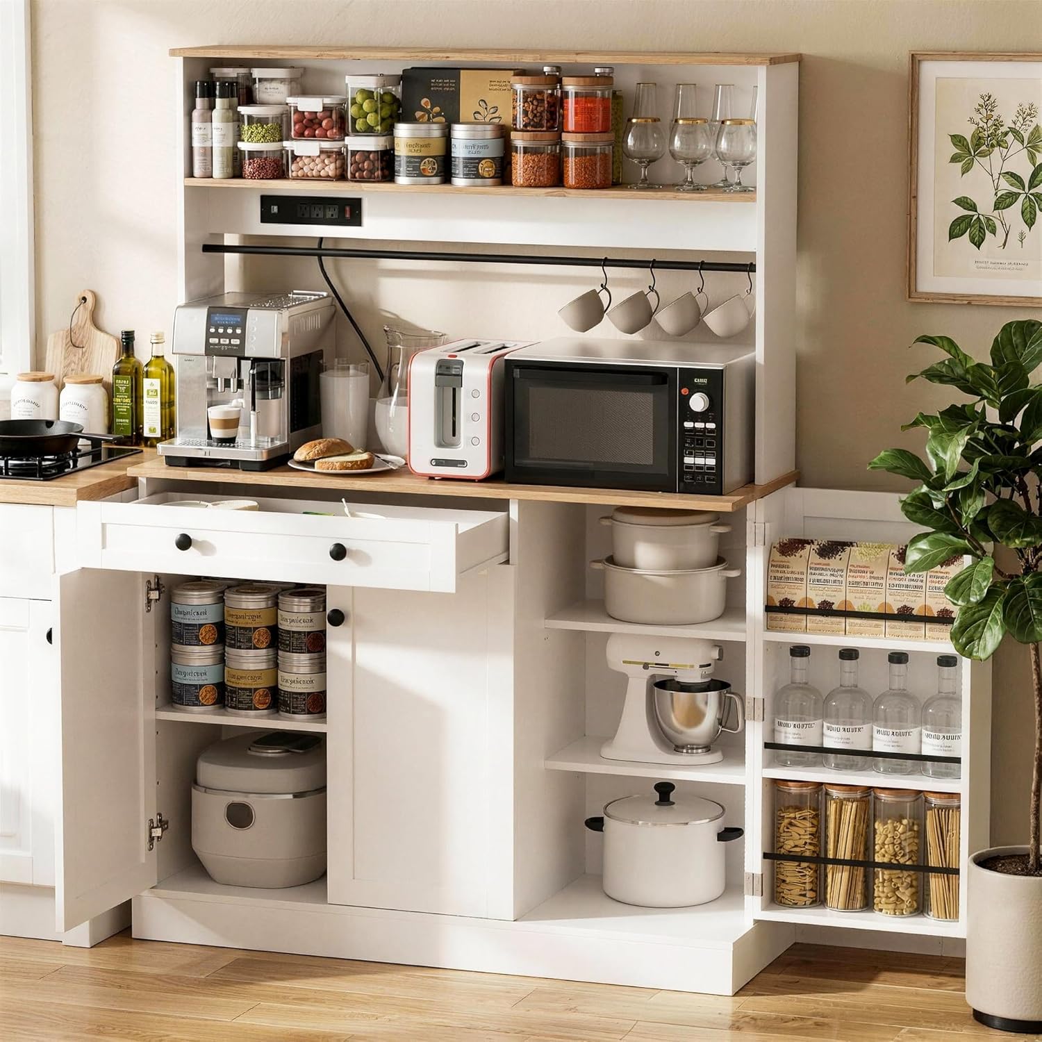 Kitchen Pantry Cabinet,Kitchen Hutch Cabinet with Power Outlets,Doors and Adjustable Shelves,Freestanding Food Pantry with Large Storage Drawer for Dining Room, Living Room