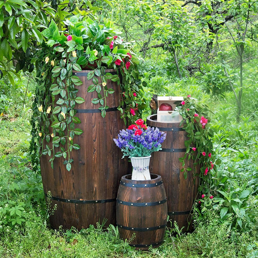 Rustic Whiskey Wine Barrel Side Table with Metal Bands, Solid Wood Barrel Accent Table for Home, Garden, Bar, Patio, Wedding & Event Decor(40cm/15.7in)