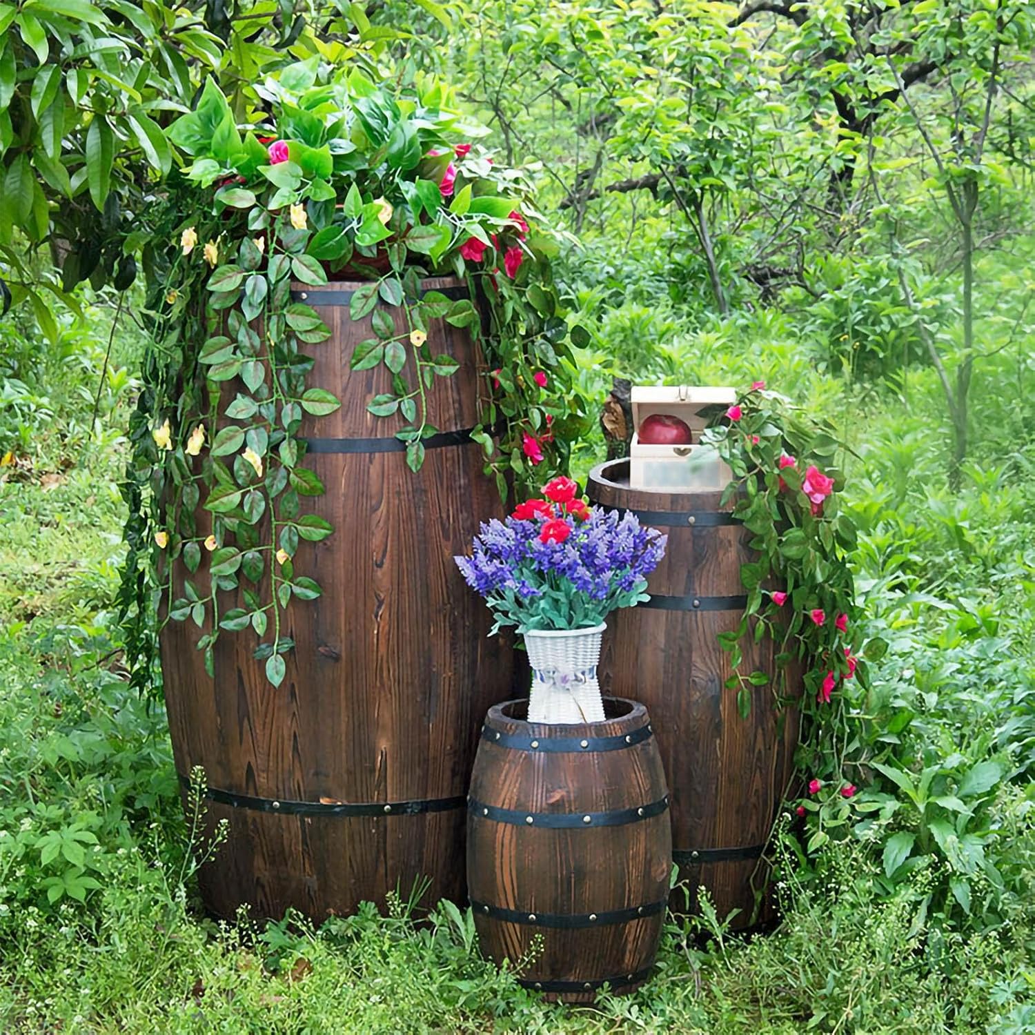 Rustic Whiskey Wine Barrel Side Table with Metal Bands, Solid Wood Barrel Accent Table for Home, Garden, Bar, Patio, Wedding & Event Decor(40cm/15.7in)