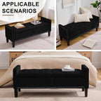 Storage Ottoman Bench, Velvet Upholstered Footstool for Bedroom and Living Room, Tufted Seat with Storage, Wooden Legs & Metal Rivets, Black