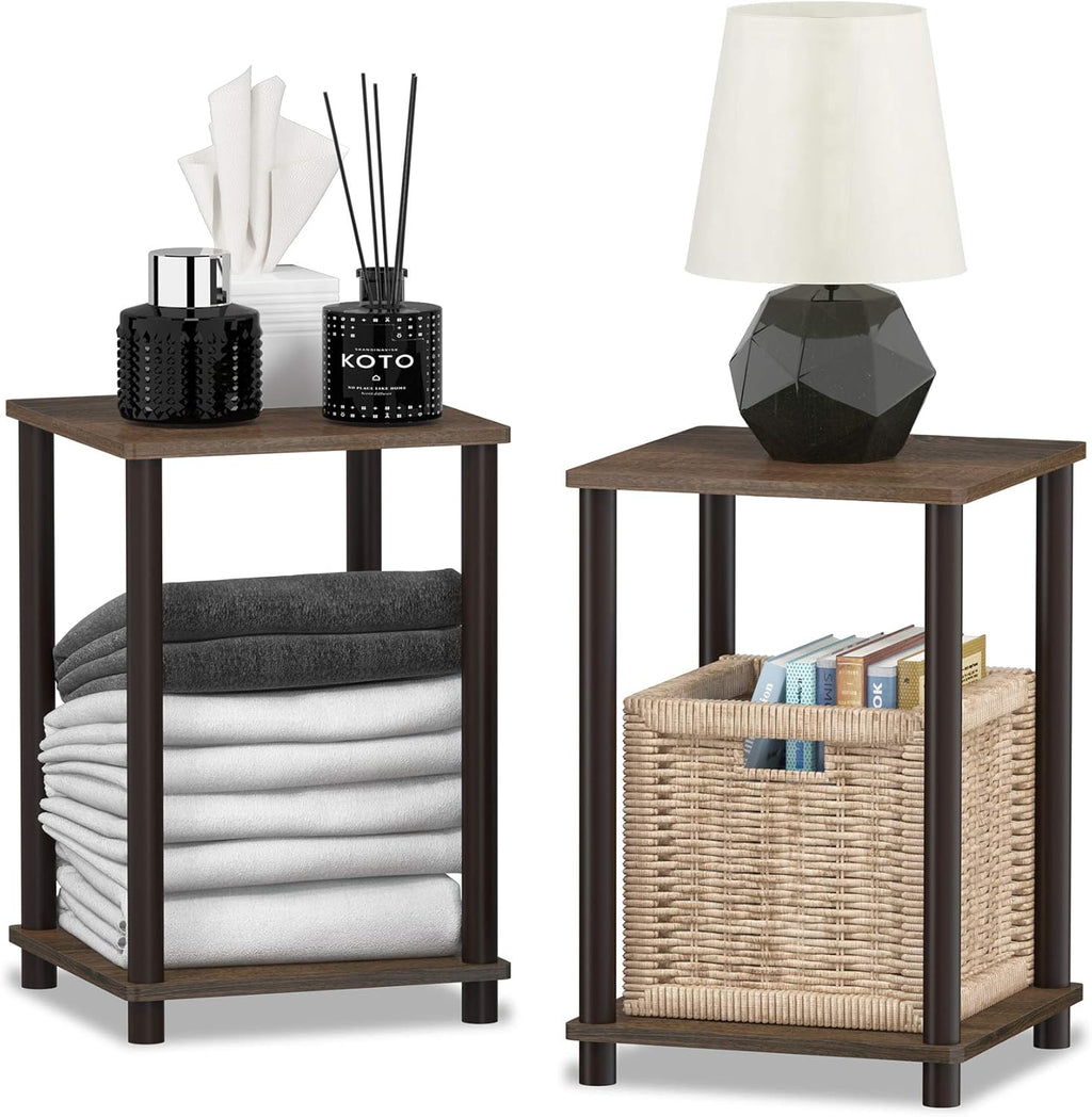 Furinno Turn-N-Tube Side Table Set of 2, 2-Tier Stackable Modern End Table with Open Shelf, Toolless Night Stand, Bedside Table, for Living Room, Bedroom, Black Walnut