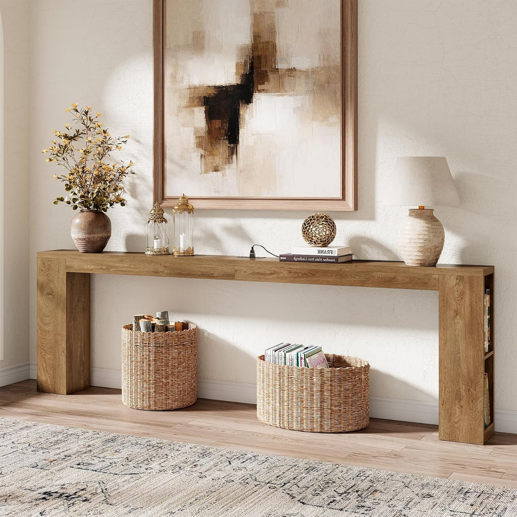 Epecoya 94.5-Inch Extra Long Console Table with USB Outlet & Storage, Narrow Sofa Behind Couch Table with Charging Station, Farmhouse Wood Entryway Table for Hallway Foyer Living Room, Oak Brown