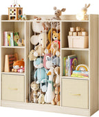 EXPERLAM 4-in-1 Toy Storage Organizer with Stuffed Animal Storage, Solid Pine Kids Bookshelf and Toy Shelf, 6 Cube Shelf with 2 Removable Drawers, Stuffed Animal Zoo for Kids Room, Playroom, Nursery