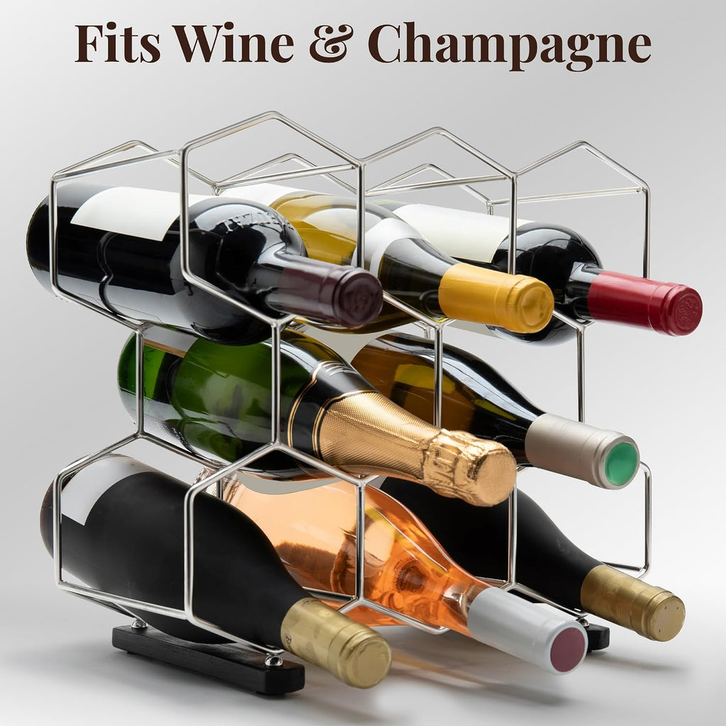 Countertop Wine Rack - 8-Bottle - Stainless Steel & Charcoal Oak - 3 Tier Tabletop Wine Holder Stand for Cabinet, Pantry - Freestanding - No Assembly Required
