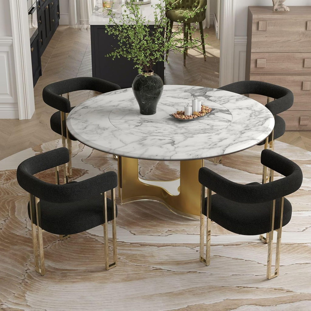 Hyfirm Set of 4 Modern Black Boucle Dining Chairs with Gold Metal Legs, Mid Century Accent Upholstered Barrel Armchairs with Open-Back for Kitchen, Dining Room, Living Room, Apartment
