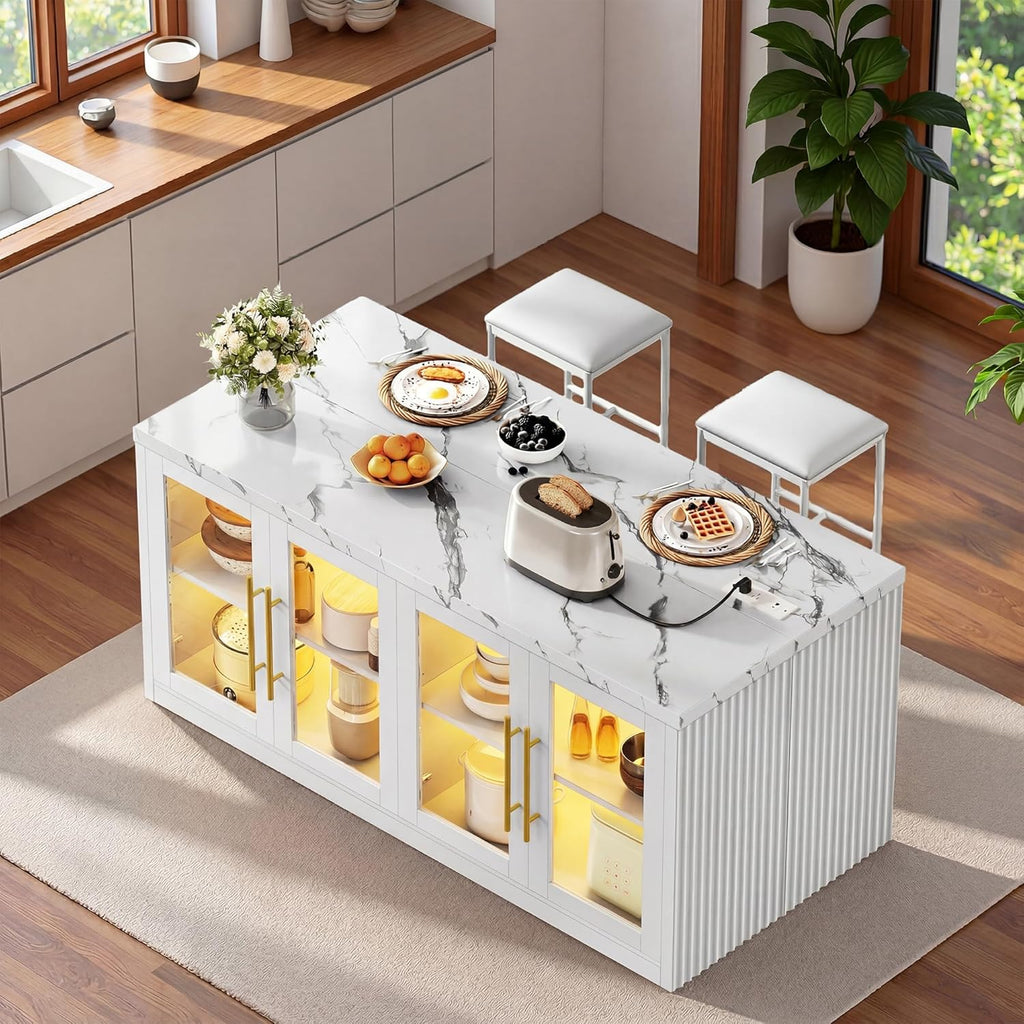 Kitchen Island with Storage, Imitation Marble Island Table with LED Lights & Cabinet for Kitchen, Modern Kitchen Carts on Wheels for Dining Room, Home Bar, White