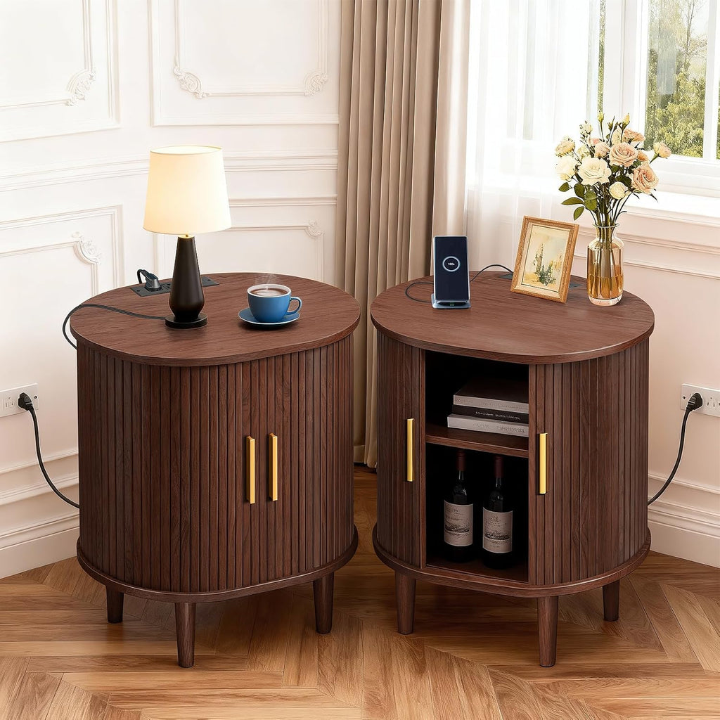 DHH Mid Century Modern Nightstand with Charging Station, Fluted Accent Side Table with Sliding Door & Adjustable Shelf, End Table for Small Space, Living Room, Bedroom,Sofa Couch (1, Walnut)