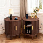 DHH Mid Century Modern Nightstand with Charging Station, Fluted Accent Side Table with Sliding Door & Adjustable Shelf, End Table for Small Space, Living Room, Bedroom,Sofa Couch (1, Walnut)