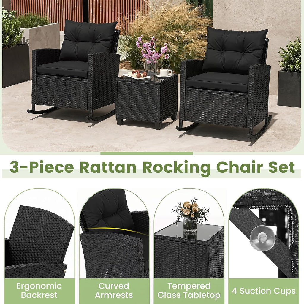 Tangkula 3 Piece Wicker Rocking Set, Patio Rattan Roker Chairs with Tempered Glass Table & Soft Cushions, Outdoor Furniture Set for Backyard, Poolside Porch