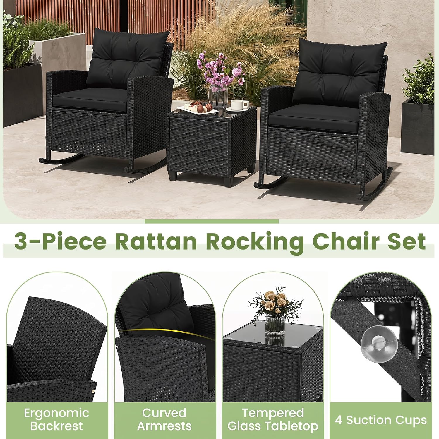 Tangkula 3 Piece Wicker Rocking Set, Patio Rattan Roker Chairs with Tempered Glass Table & Soft Cushions, Outdoor Furniture Set for Backyard, Poolside Porch