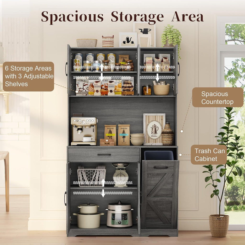71" H Kitchen Trash Cabinet, 47" Wide Pantry Hutch with Double 12 Gallon Pull Out Trash Bin Holders, Hidden Garbage Storage for Kitchen Dining Room, Gray