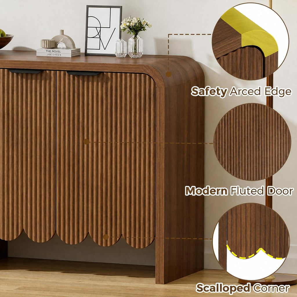 Walnut Sideboard Buffet Cabinet, Wood Storage Credeza with 4 Doors and Adjustable Shelves, Mid-Century Console Cabinet for Living Room, Kitchen, Hallway, Entrway (Walnut)