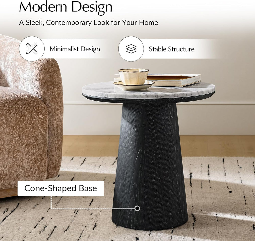 HULALA HOME Modern End Table, 19.75" Round Side Table with Genuine Marble Top and Solid Wood Cone Base, Minimalist Accent Table for Living Room, Bedroom, Small Spaces, Black