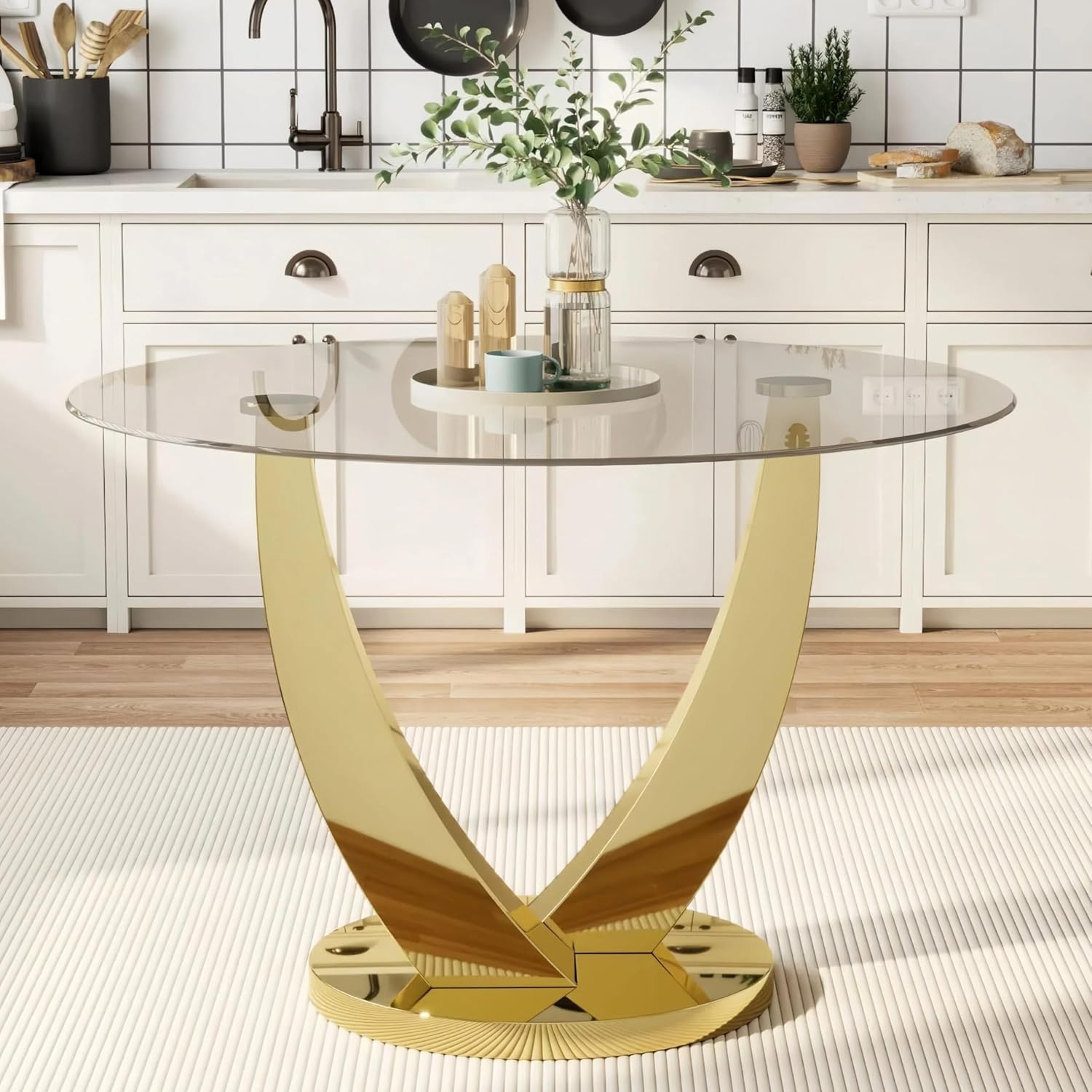 47.2" Round Glass Dining Table for 4-6, Modern Kitchen Table with Tempered Glass Top & Stainless Steel Legs, Circle Dining Table for Home, Living Room, Apartment (Gold)