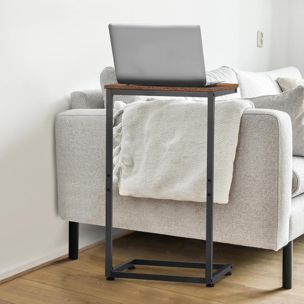 C-Shaped Tables,C Shaped End Table Set of 2-Rustic Brown Slide Under Sofa Side Tables with 22lbs Capacity, Space Saving TV Trays for Living Room, Bedroom & Small Spaces,Metal Frame Industrial