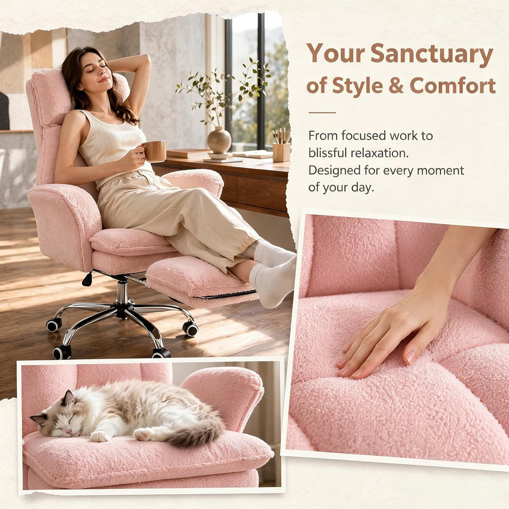 Big & Tall Office Chair, Wide Seat for Cross Legged Sitting & Pets, Teddy Fleece Reclining Chair w/Foot Rest, 400lbs Gaming Vanity Chair, 4 Colors