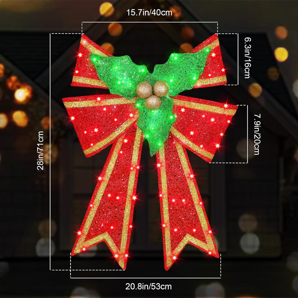 28in Pre-Lit Christmas Bow Decoration, Large Outdoor LED Holiday Yard Deco, Red and Green with Gold Accents, Pre-lit Holiday Door Wreath Topper,16Light Functions, Timer, Hook