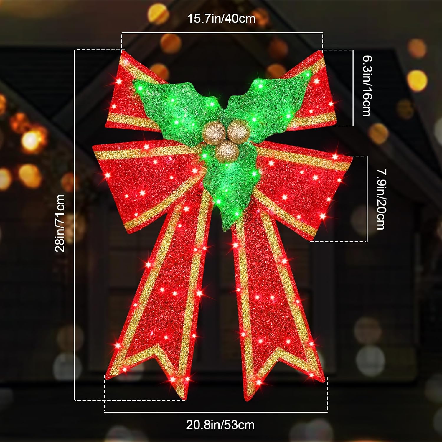 28in Pre-Lit Christmas Bow Decoration, Large Outdoor LED Holiday Yard Deco, Red and Green with Gold Accents, Pre-lit Holiday Door Wreath Topper,16Light Functions, Timer, Hook