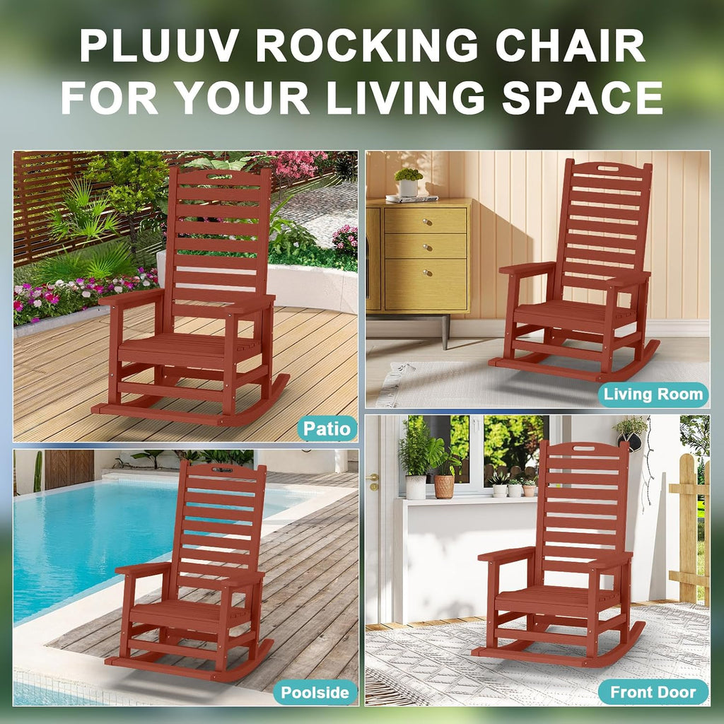 PLUUV Outdoor Rocking Chair with Removable Footboard for Adults, HDPE High Back Patio Rocking Chairs, 330lbs All Weather Porch Rocking Chairs for Outdoor & Indoor -Reddish Brown