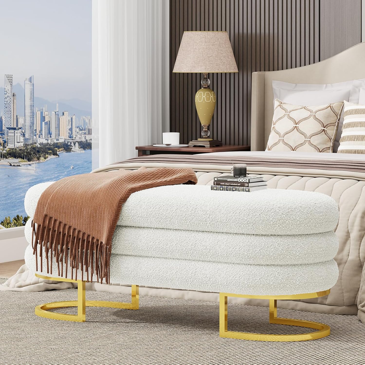 Vabches 49" Ottoman with Storage, Storage Bench with Golden Metal Leg Large Oval Upholstered Linen End of Bed Bench for Living Room, Bedroom, Window & Entryway, 330 lb Capacity, White