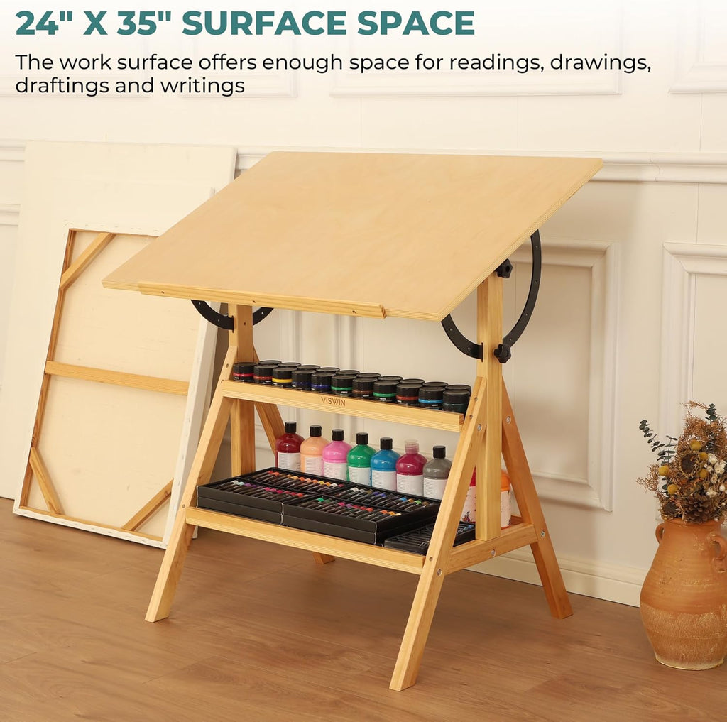VISWIN Wood Drafting Table for Adults, Drawing Table with Adjustable Angle & 2-Tier Storage Racks for Art Studio, Solid Pine Wood Artist Desk for Drawing, Drafting, Writing, Reading, Sketching
