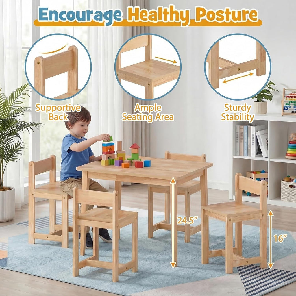 HONEY JOY Kids Table and Chairs, Wooden Activity Table with 4 Chairs Set for Crafts, Homework, Drawing & Snack Time, 5-Piece Playroom and Kindergarten Furniture Set for Children Ages 4+ (Natural)