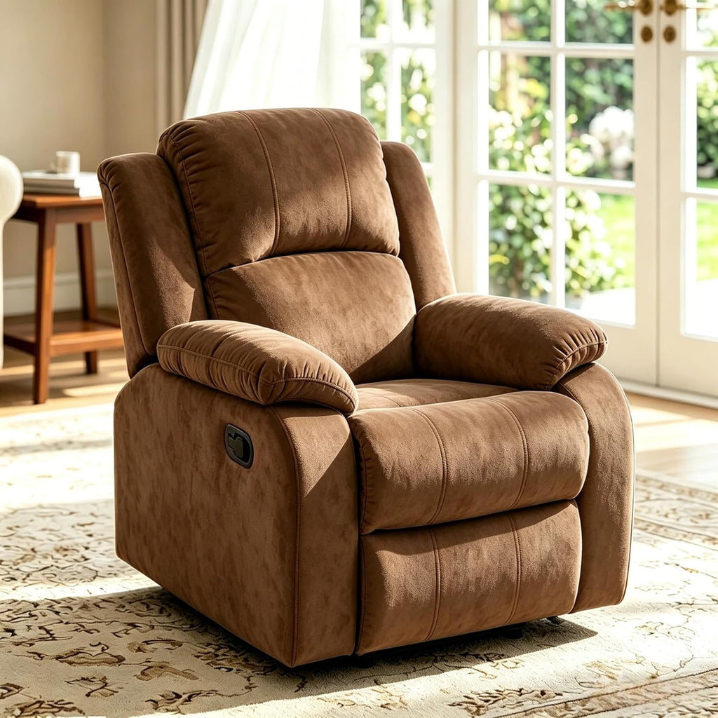 Manual Recliner Chair, Nursery Rocking Chair, Velvet Recliner Chair for Adults, Lazy Boy, Gaming Recliner wih Overstuffed Arms, Suitable for Home Theater, Living Room, Bedroom, Brown