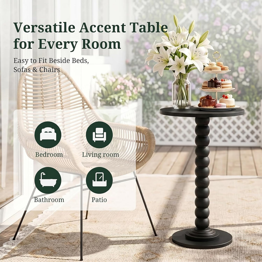 Round Side Table for Small Spaces, Modern Pedestal End Table with Solid Wood Spindle Leg, Small Drink Table Accent Nightstand for Living Room, Bedroom, Sofa Side, Apartment & Office, Black