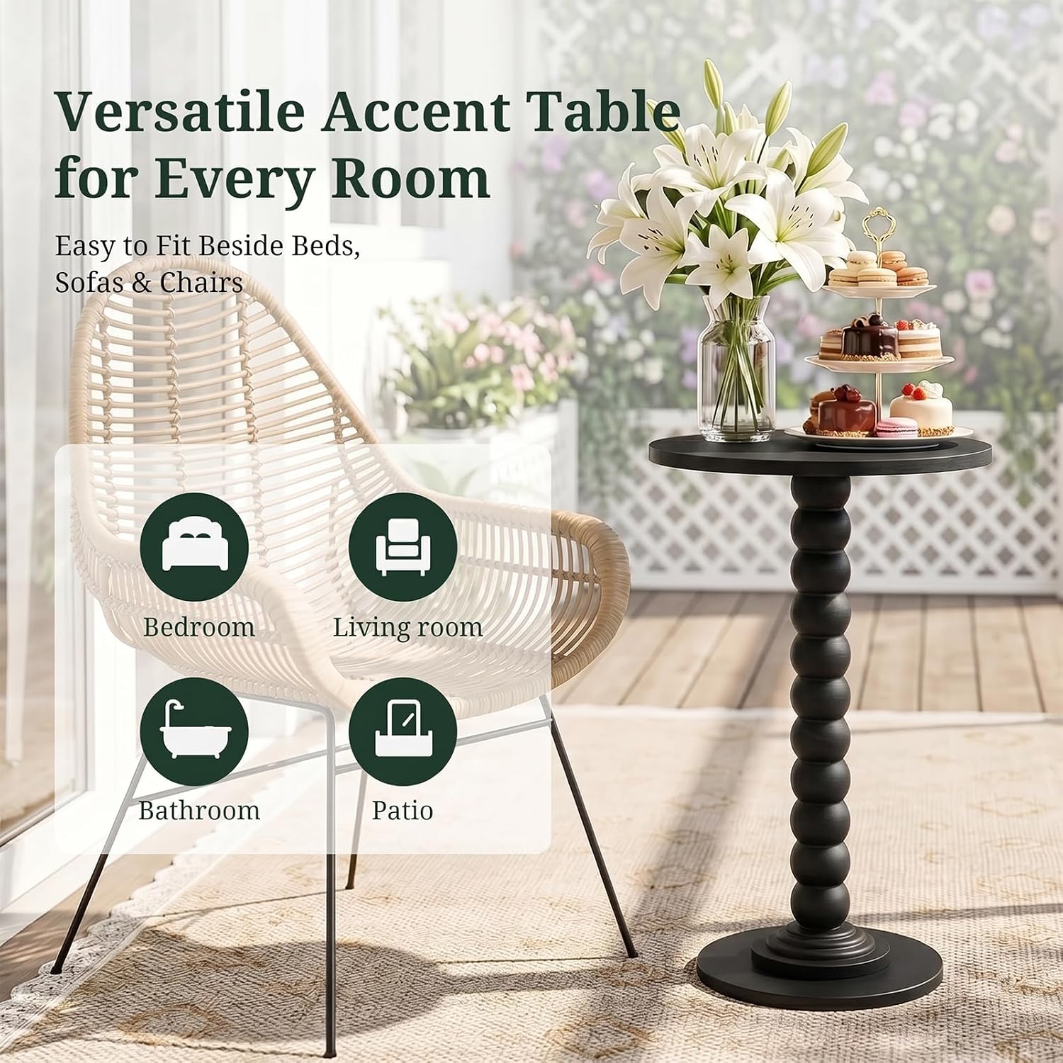 Round Side Table for Small Spaces, Modern Pedestal End Table with Solid Wood Spindle Leg, Small Drink Table Accent Nightstand for Living Room, Bedroom, Sofa Side, Apartment & Office, Black