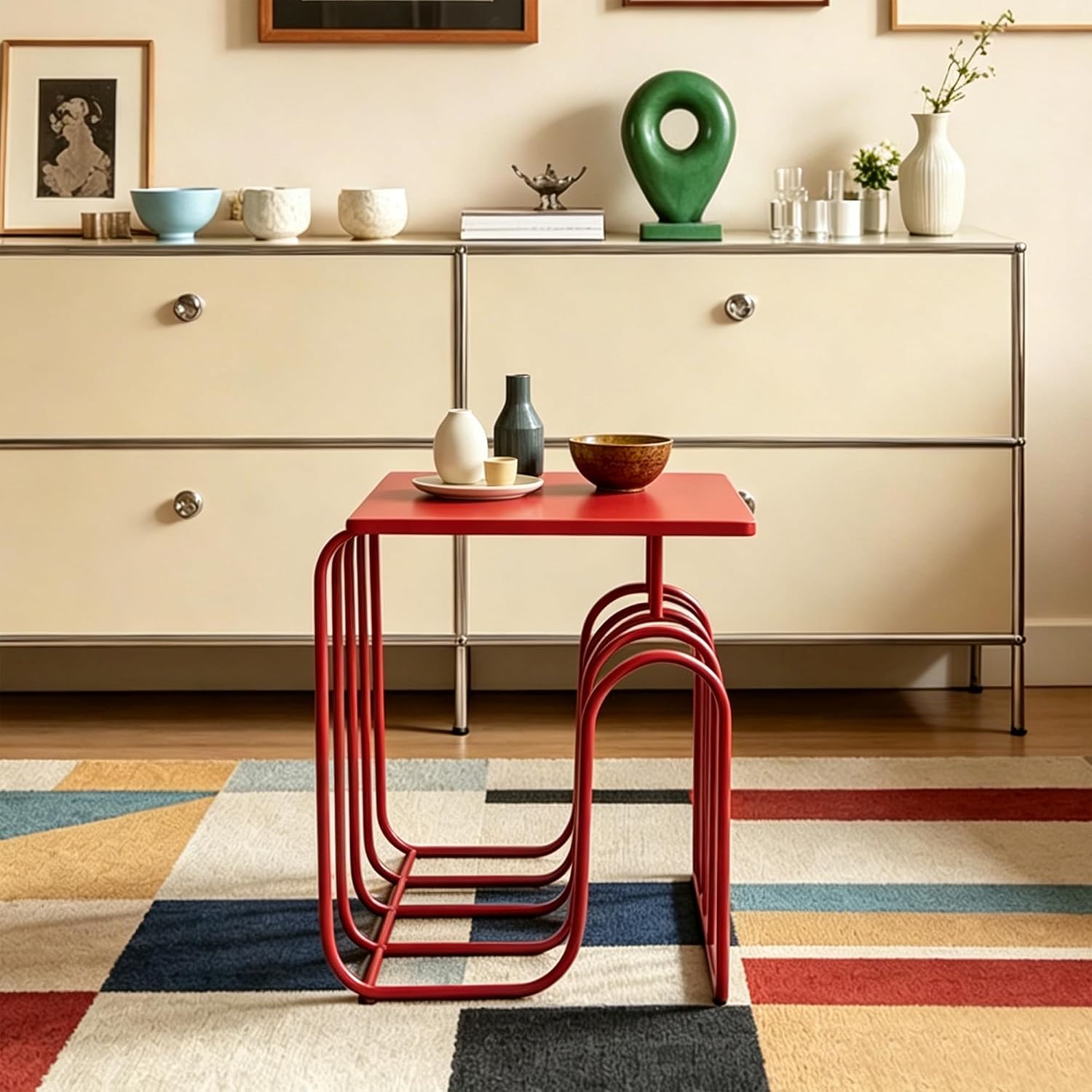 Red Curved Metal Side Table - Modern Square Accent End Table with Artistic Layered Frame, Minimalist Decorative Nightstand for Living Room, Bedroom, Entryway, Small Spaces, Easy to Clean