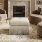 Hyfirm 22 Inch Square Beige Ottoman with Fringe for Living Room, Plush Modern Boho Upholstered Accent Pouf Ottomans Foot Rest for Bedroom, Footstool Ottoman End of Bed