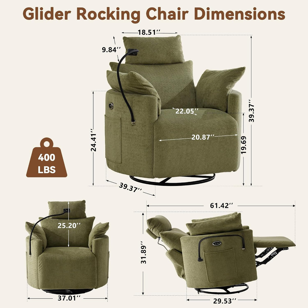 FOXHUNTER Power Nursery Rocking Chairs Glider Rocking Chair 300°Swivel Rocking Recliner with USB Charging Port and Phone Holder,Footrest&Side Pockets,for Living Room,Chenille,Green